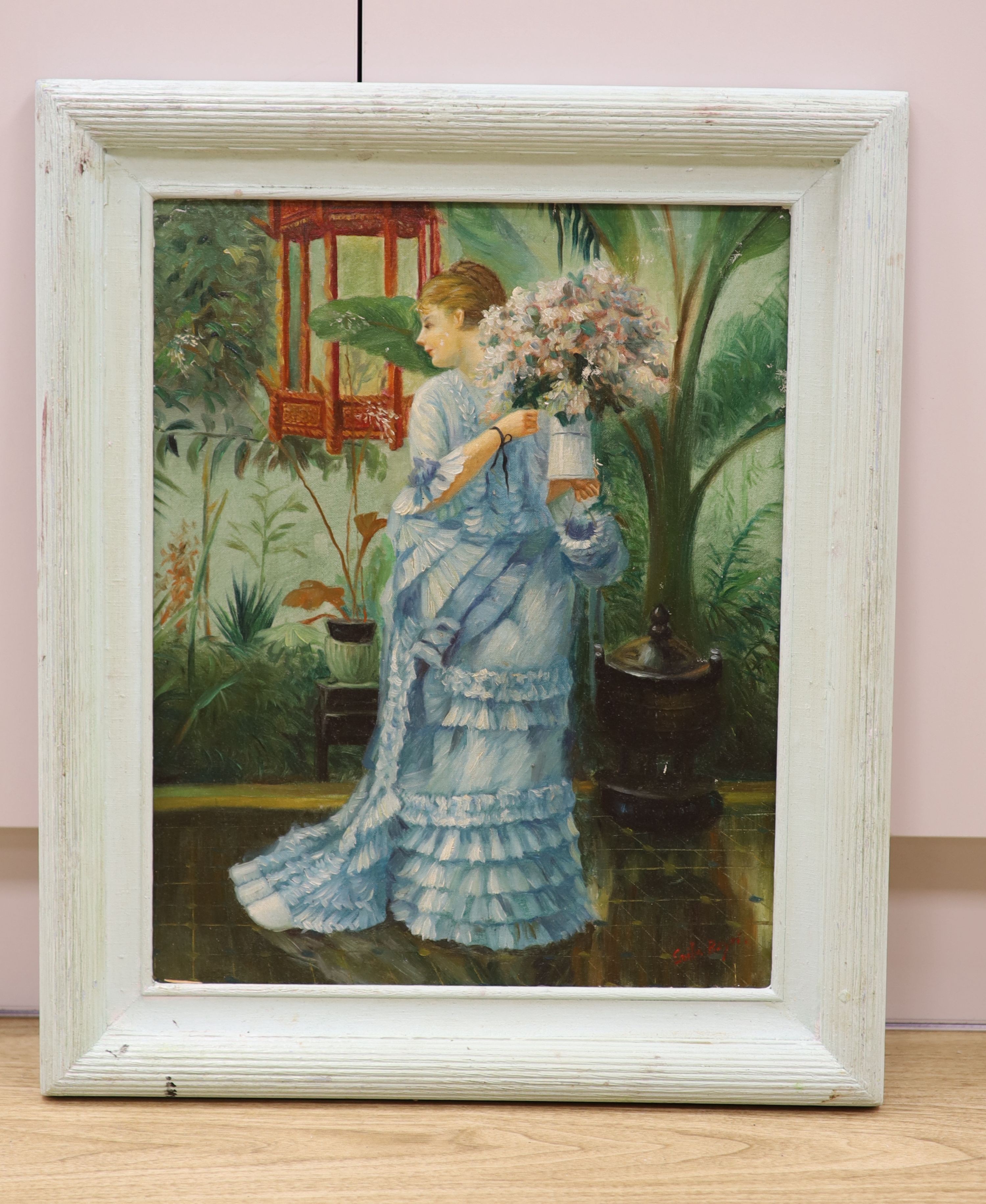 After Emile Boyer, oil on board, Woman holding a vase of flowers, bears signature, 50 x 40cm